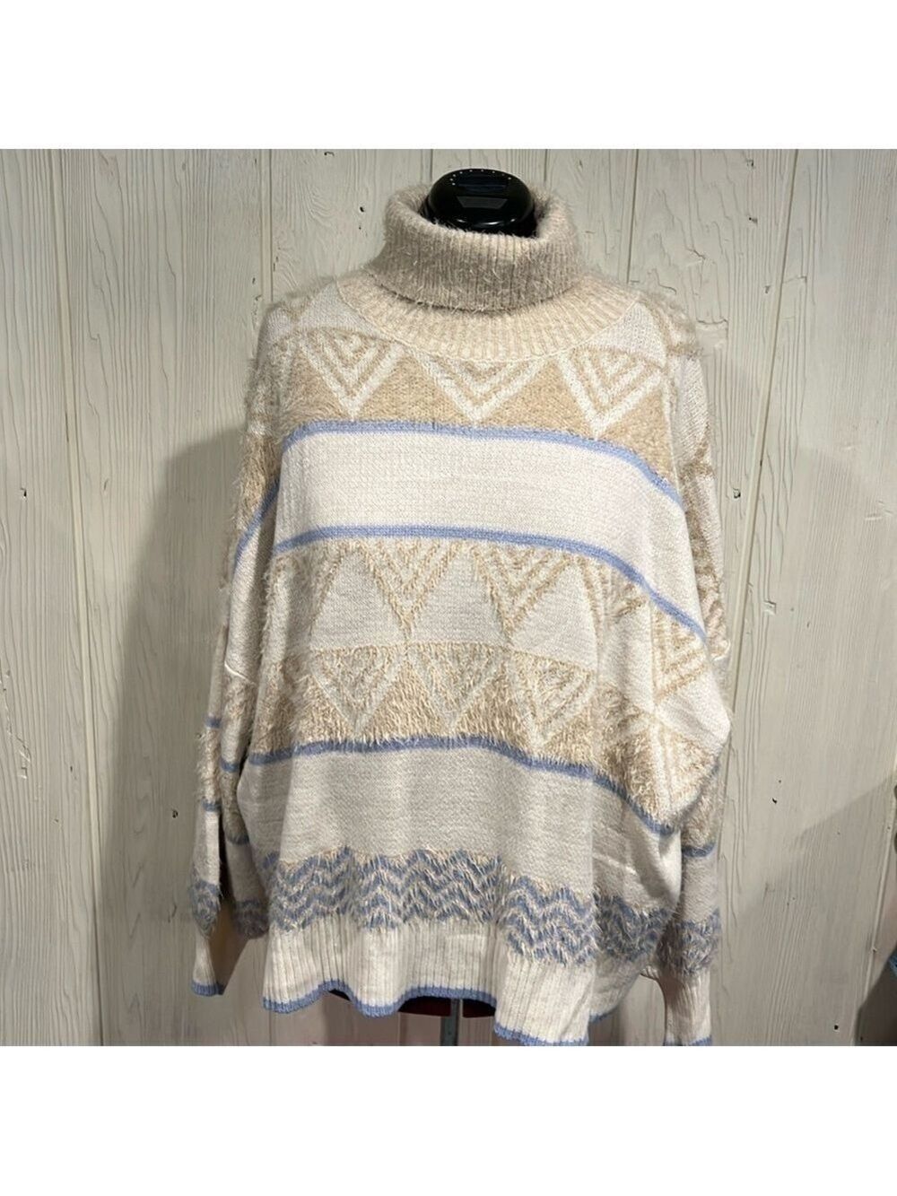 Davi & Dani Sweater Turtleneck Puffy Sleeves Rib Knit Ivory 2XL